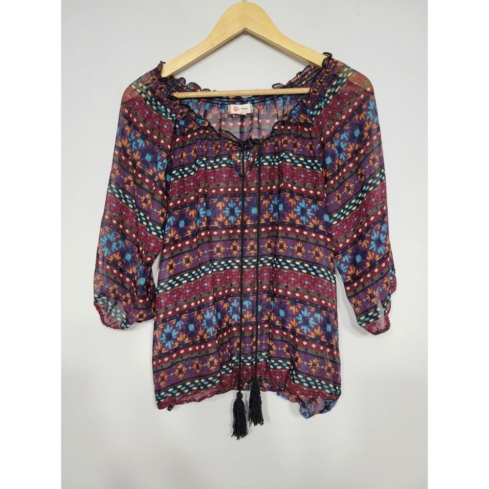 Olsenboye Sheer Boho‎ 3/4th Sleeve Top W/Tassles Size Large